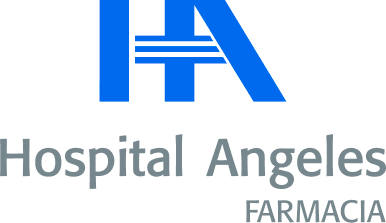 Fondo negro con logotipo de Hospital Angeles azul dentro de recuadro gris con letras gris oscuro de Hospital Angeles Farmacia. 