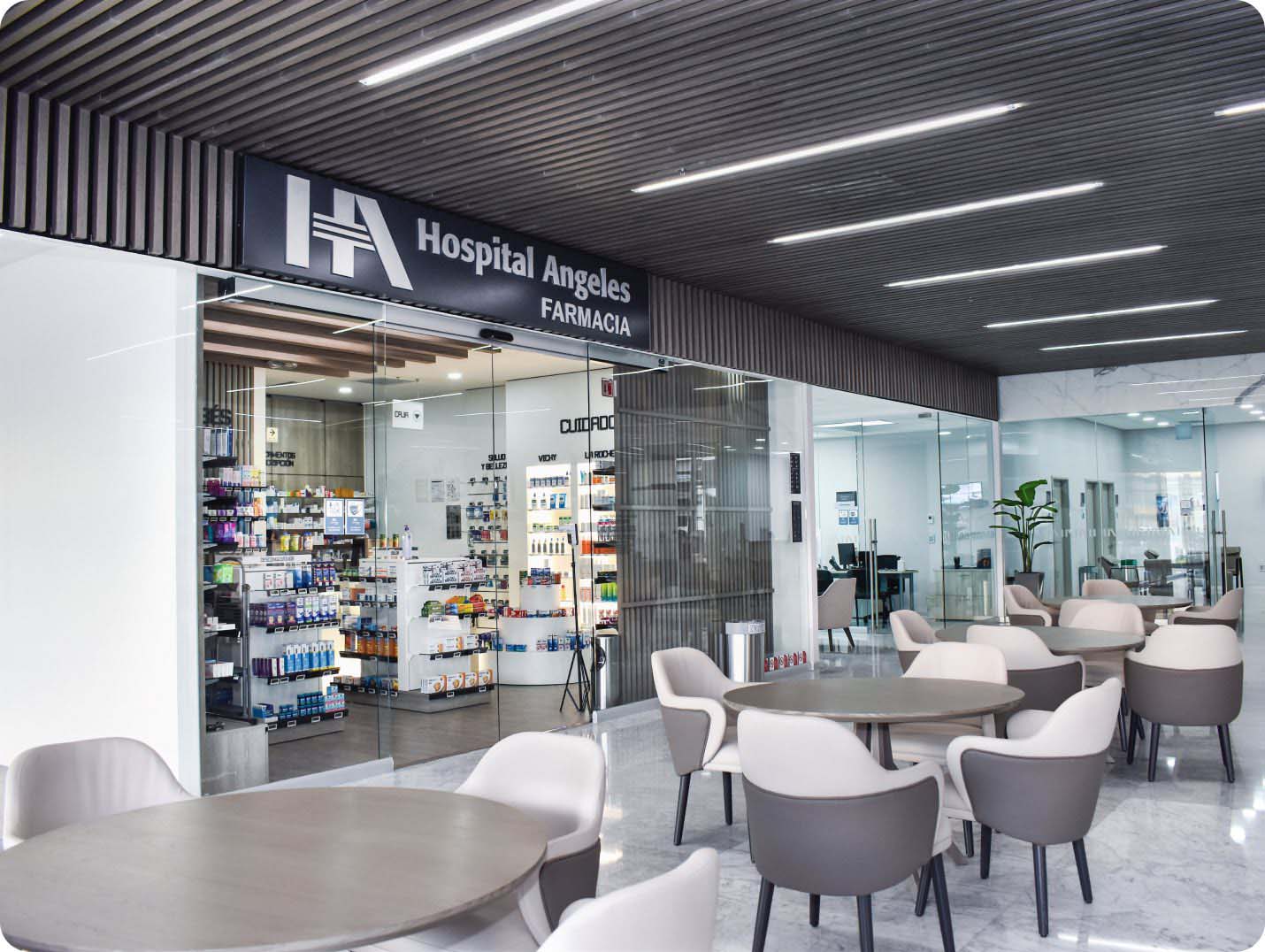 Módulo de cristal y pared color café con luces amarillas en el techo y logotipo blanco de Farmacias Angeles en la entrada. Sala de espera color gris.