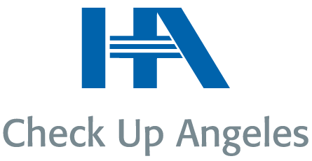 Recuadro color blanco con logo azul de Hospital Angeles y debajo letras grises de Check up Angeles. 
